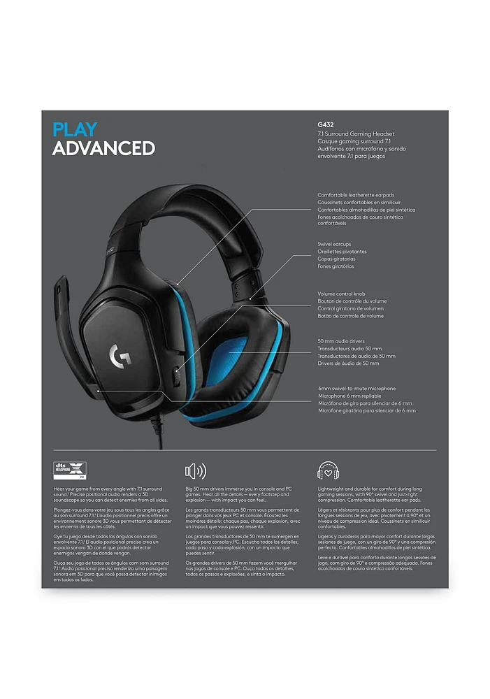 Logitech G432 7.1 Surround Sound Wired Gaming Headset 