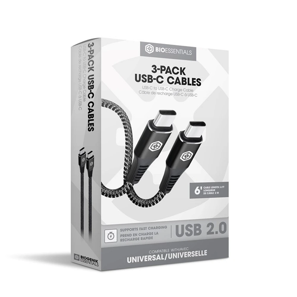 Bio Essentials USB-C to USB-C Charge Cable (3 pack)   - Charge, sync, & transfer files between your US