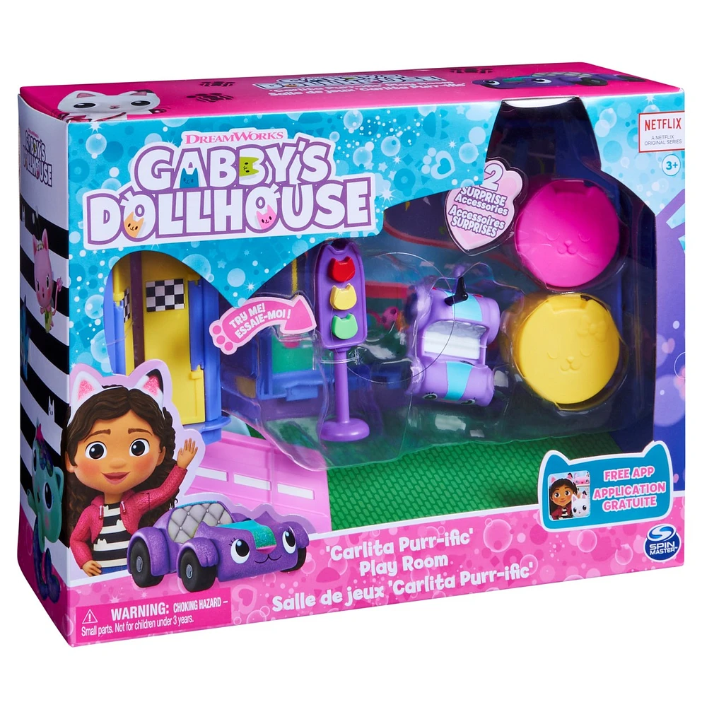 Gabby's Dollhouse - Carlita Purr-ific Play Room with Carlita Toy Car Playset 