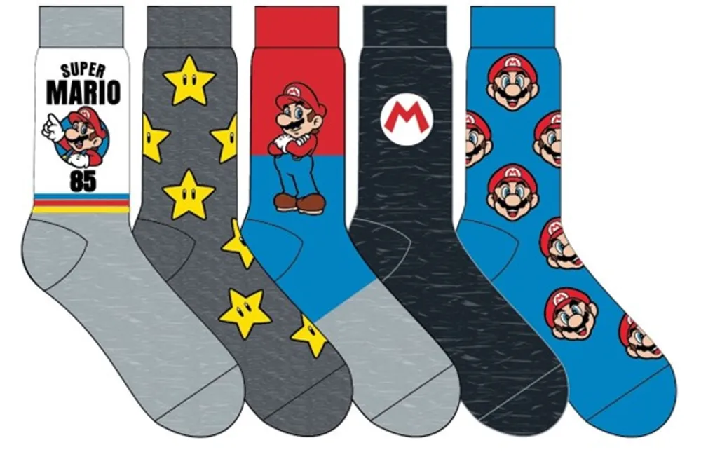 Super Mario Mens Crew Socks 5 Pack 