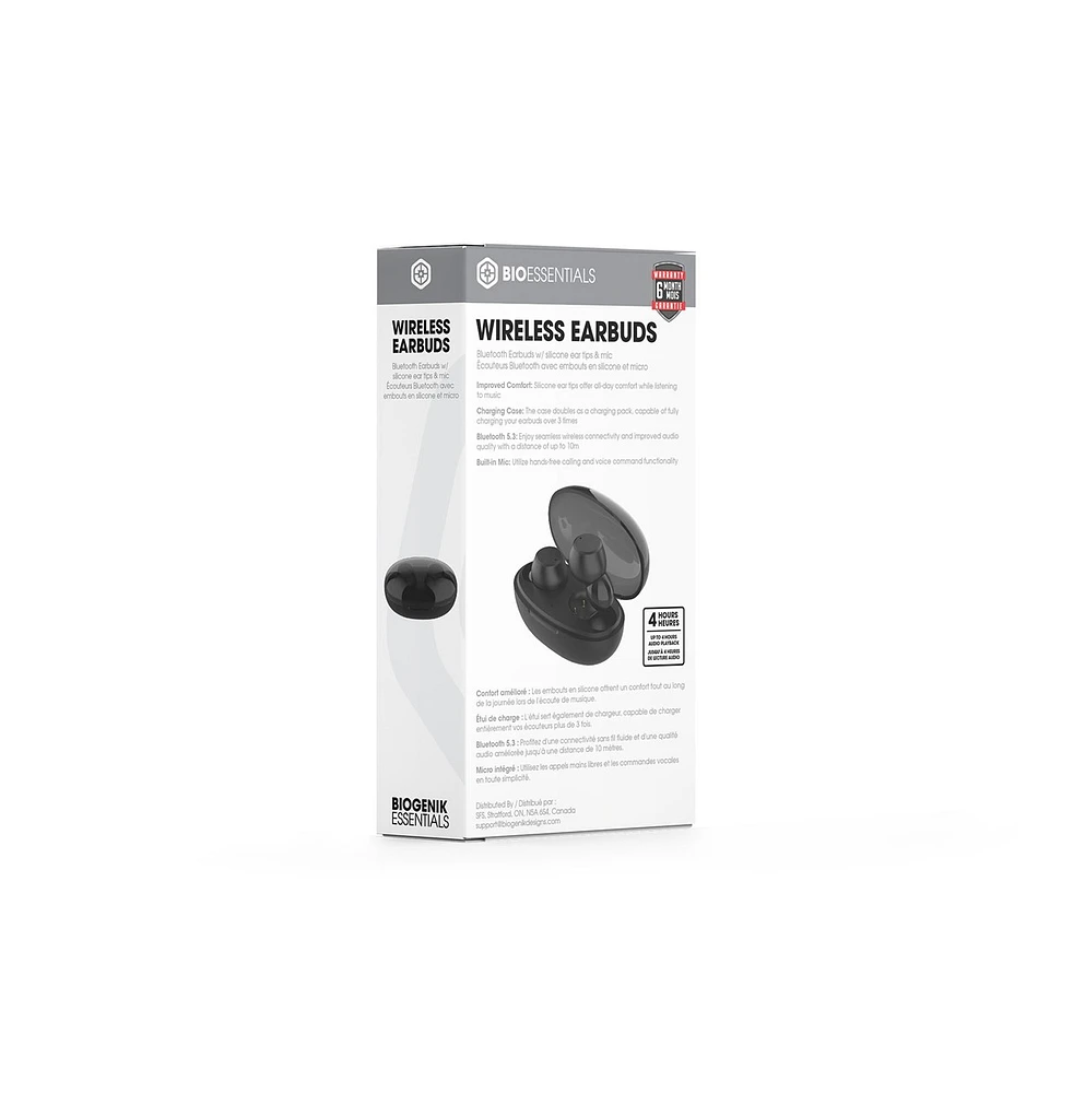 Biogenik Wireless Bluetooth Earbuds with Silicone Ear Tips and Mic - Black 