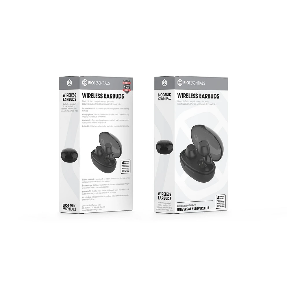 Biogenik Wireless Bluetooth Earbuds with Silicone Ear Tips and Mic - Black 