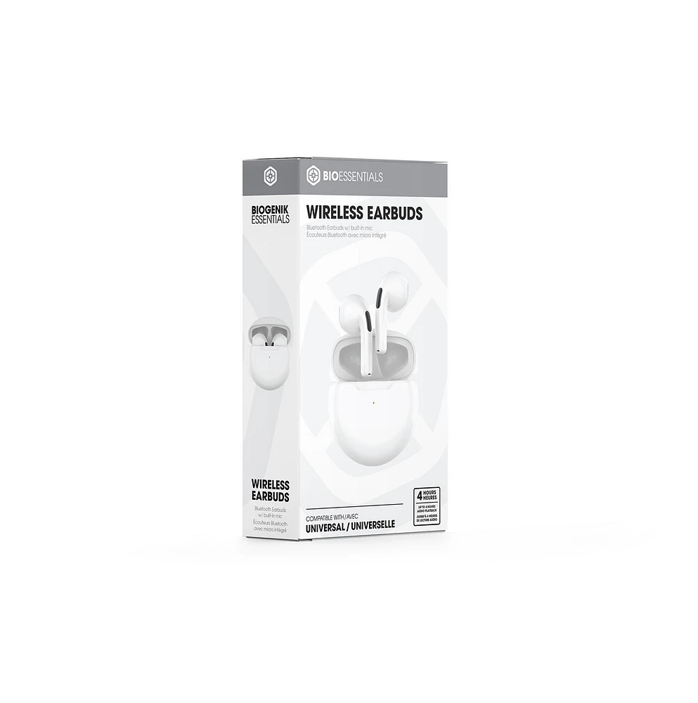 Biogenik Wireless Bluetooth Earbuds with Built in Mic - Hard White 