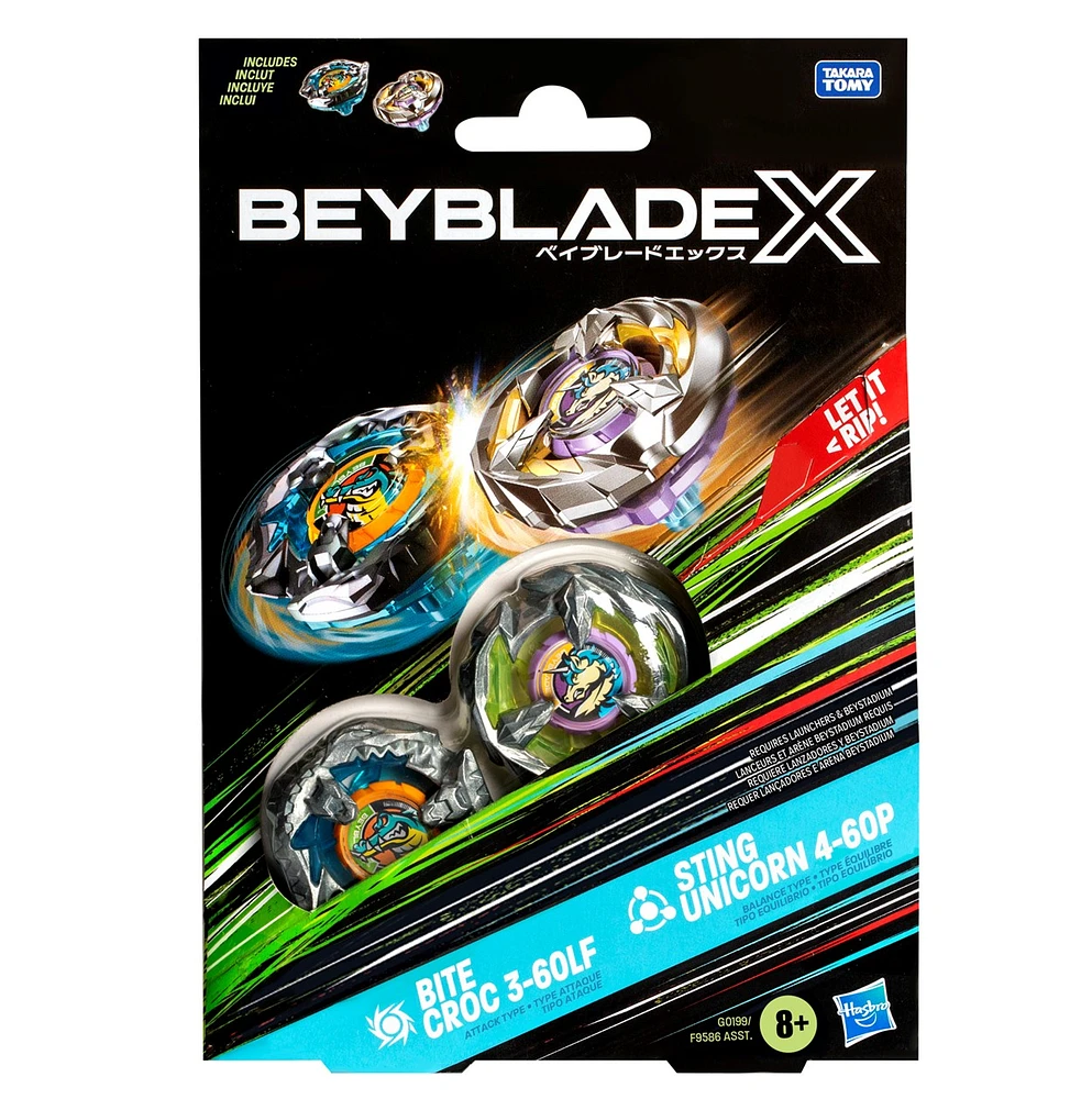 Beyblade X Bite Croc 3-60LF and Sting Unicorn 4-60P Top Dual Pack Set 