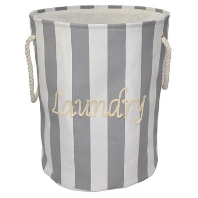 Striped Laundry Hamper with Handles, White & Grey