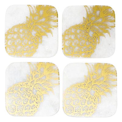 Set of 4 White Pineapple Round Edge Stoneware Coasters