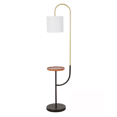 Black & Brass Floor Lamp with Shelf & White Fabric Drum Shade, 59"