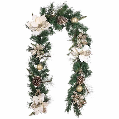 Glittered Velvet Poinsettia, Pinecone & Ball Garland, 6'