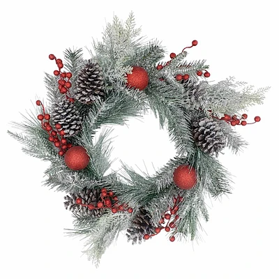 Red Ornament & Bell Flocked Pine Wreath, 24"