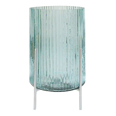 Blue Ribbed Glass Hurricane with Stand, 10"