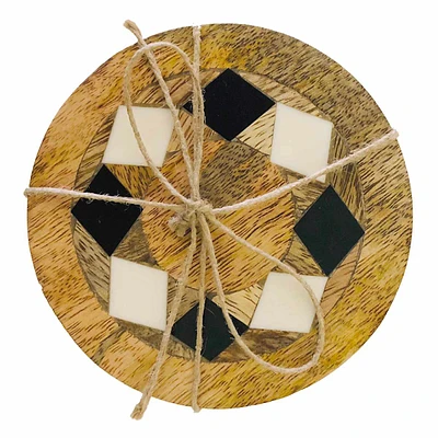 Set of 4 Black & White Diamond Ring Wooden Coasters