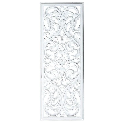 White Hand Carved Wooden Panel Baroque Wall Decor, 18x48