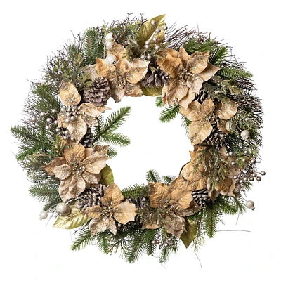 Gold Poinsettia & Pine Wreath, 30"