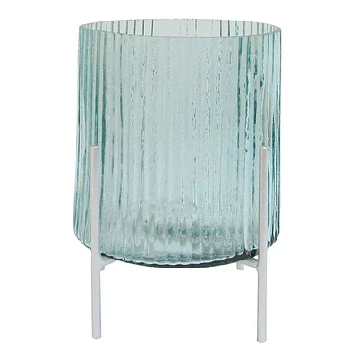 Blue Ribbed Glass Hurricane Candle Holder with Stand, 8"