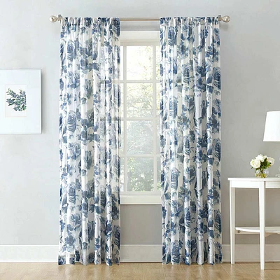 Sheena Indigo Floral Print Rod Pocket Sheer Curtain Panel, 84"