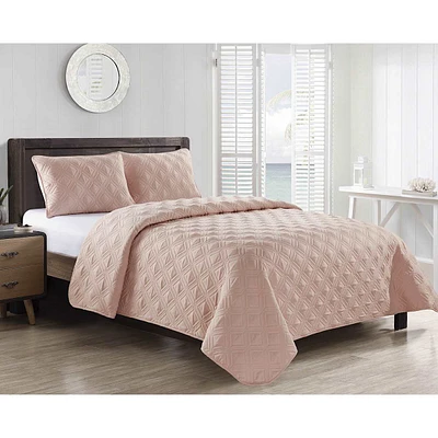 3-Piece Pink Rhombus Stitch Quilt Set, Full/Queen