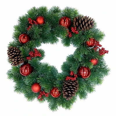 Red Ornament & Pinecone Wreath, 24"