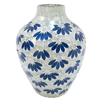 Tracey Boyd Blue Floral Mosaic Glass Vase, 9"