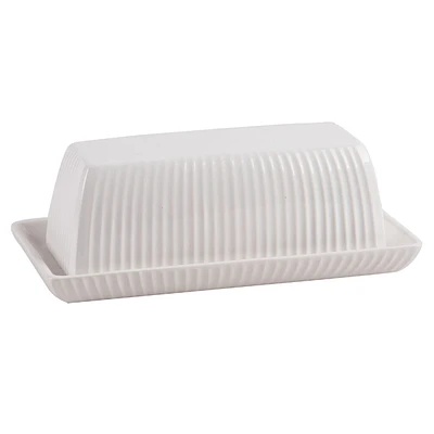 7in. Stripe Butter Dish White