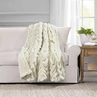 Ivory Chunky Knit Faux Fur Throw Blanket, 50x60