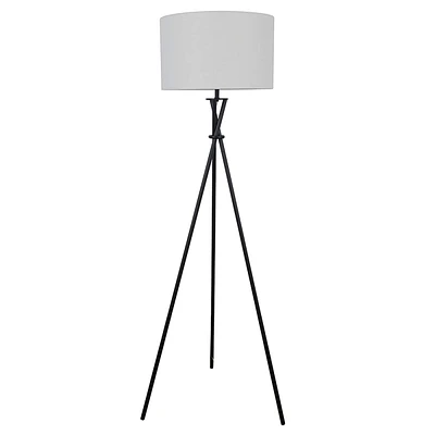 Black Metal Tripod Floor Lamp with White Fabric Drum Shade, 59"