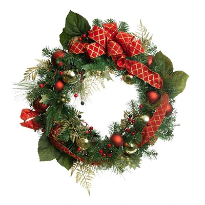 Red Ribbon & Pine Wreath, 24"