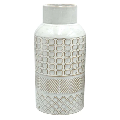 White Tribal Patterned Ceramic Vase, 10"