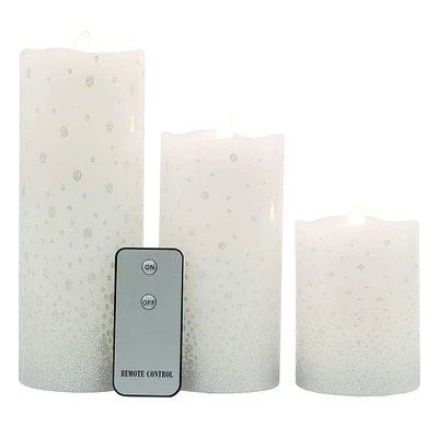 Set of 3 Silver LED Wax Pillar Candles, 3x4/3x6/3x8