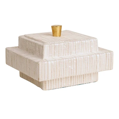 White Woven Box with Gold Handle, 6"