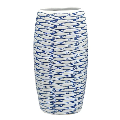 Tracey Boyd Blue Fish Patterned Ceramic Vase, 13"