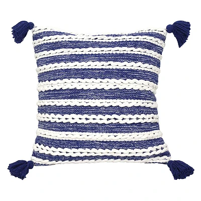 Tracey Boyd Blue & White Striped Woven Tassel Throw Pillow, 18"