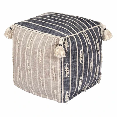 Nora Blue Woven Embroidered Pouf, 18"