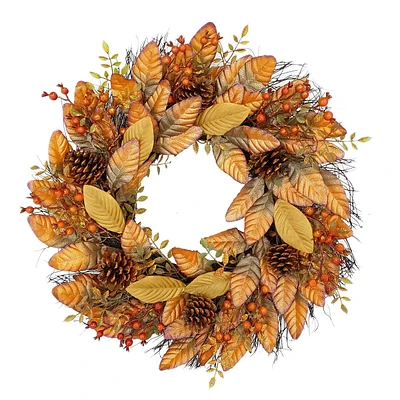 Rust Metallic Magnolia Leaves & Berry Spiral Vine Wreath, 24"