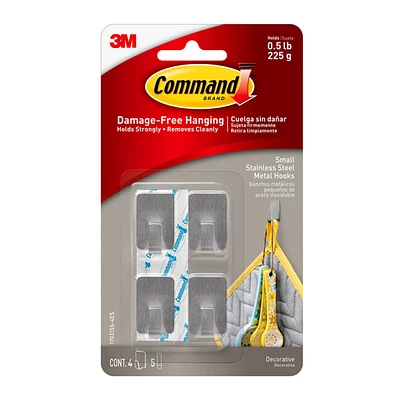 Command™ Small Stainless Steel Metal Hooks, 4-Hooks, 5-Strips