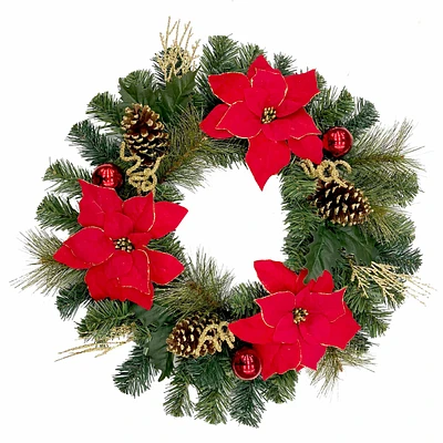 Red Poinsettia & Pinecone Wreath, 24"