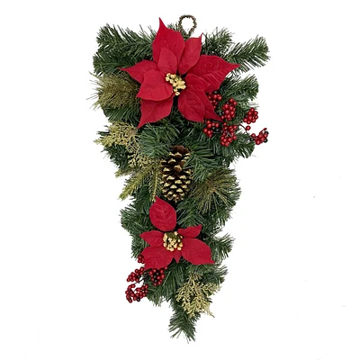 Red Poinsettia, Berry & Pinecone Teardrop Wreath, 26"