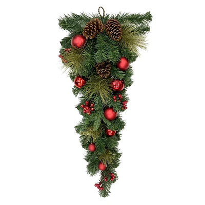 Red Ball, Berry & Pine Teardrop Wreath, 36"