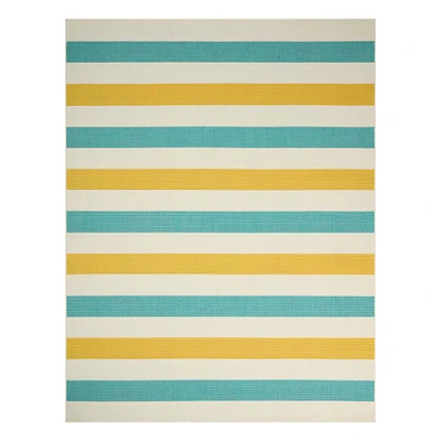 (E468) Ember Blue & Yellow Striped Outdoor Area Rug, 8x10