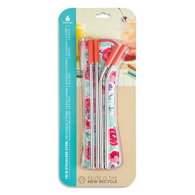 5-Piece Floral Print Stainless Steel Straws