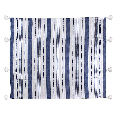 Navy Blue Woven Striped Tassel Throw Blanket, 50x60