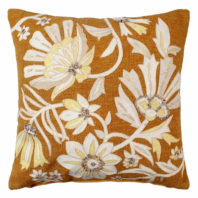 Yellow & Neutral Embroidered Floral Throw Pillow, 20"