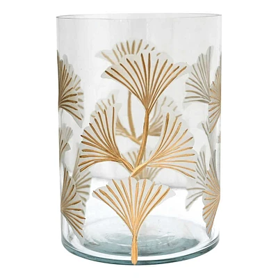 Etched Gingko Leaf Glass Candle Holder, 5"