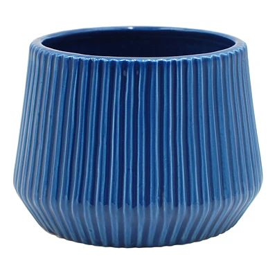 Indoor Blue Vertical Lines Ceramic Pot, Medium