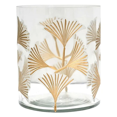 Etched Gingko Leaf Glass Hurricane Candle Holder, 7"