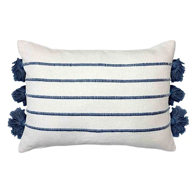 Providence Navy Striped Woven Tassel Oblong Throw Pillow, 14x20