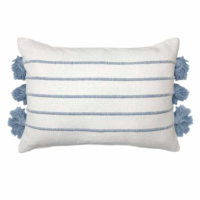 Providence Light Blue Striped Woven Tassel Oblong Throw Pillow, 14x20