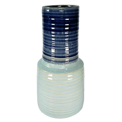 Blue Reactive Glaze Ribbed Ceramic Vase, 13"