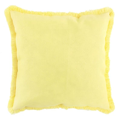 Yellow Faux Linen Fringe Square Outdoor Throw Pillow, 18"