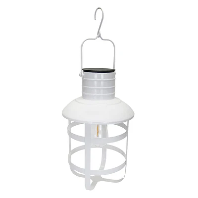 White Hanging Industrial LED Lantern with Timer, 12"