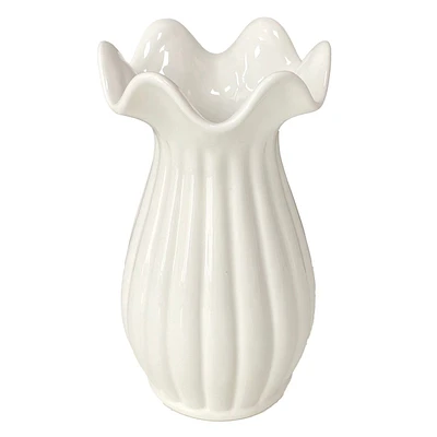 White Ribbed Pie Crust Rim Ceramic Vase